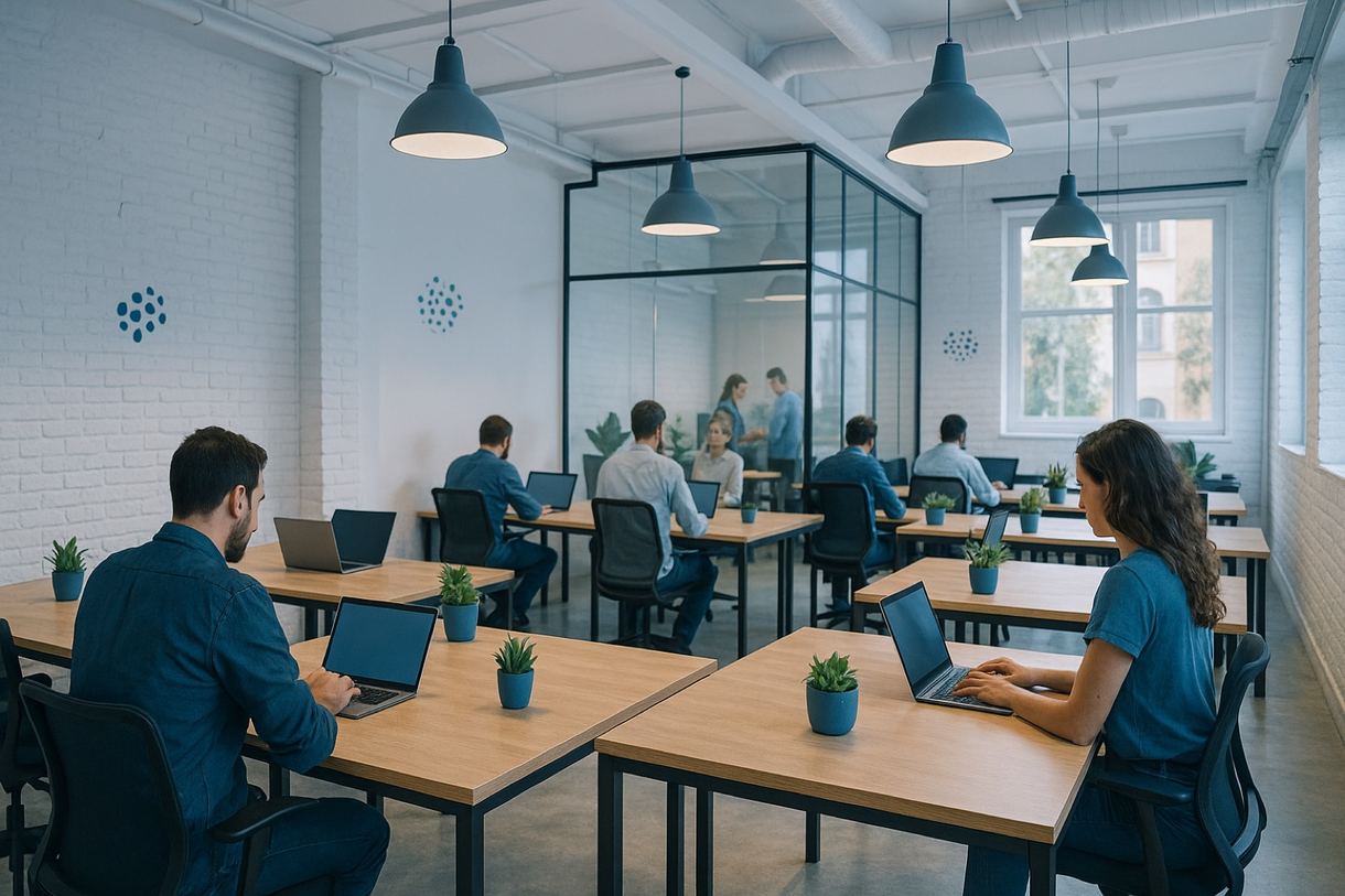 Espacio de la incubadora de la Unión de Empresarios en Sevilla con puestos de coworking, sala acristalada de reuniones y luz mediterránea